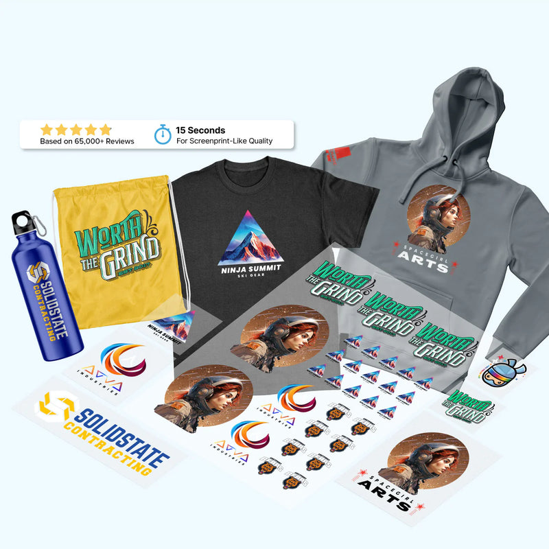 Assortment of custom-printed products, including t-shirts, hoodies, water bottles, drawstring bags, and various sticker sheets. The designs feature vibrant graphics and logos, demonstrating the versatility and high-quality finish of screenprint-like transfers that can be applied in just 15 seconds