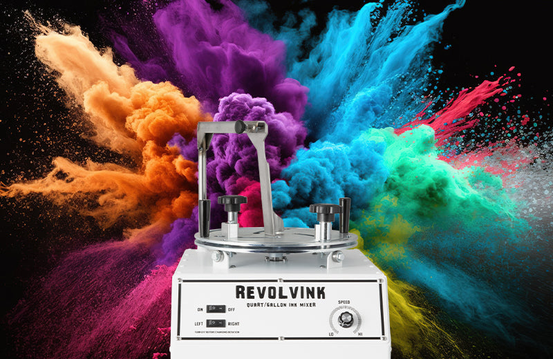 RevolvInk Ink Mixer and Modulator Shown with a burst of colors behind it