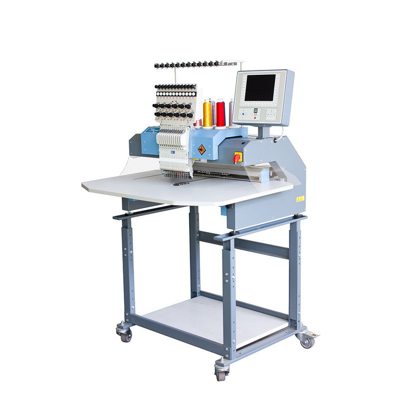 Industrial embroidery machine on a sturdy stand, equipped with multiple spools of colorful thread and a digital control panel. The sleek design and versatility make it ideal for producing detailed and professional-quality embroidered designs.