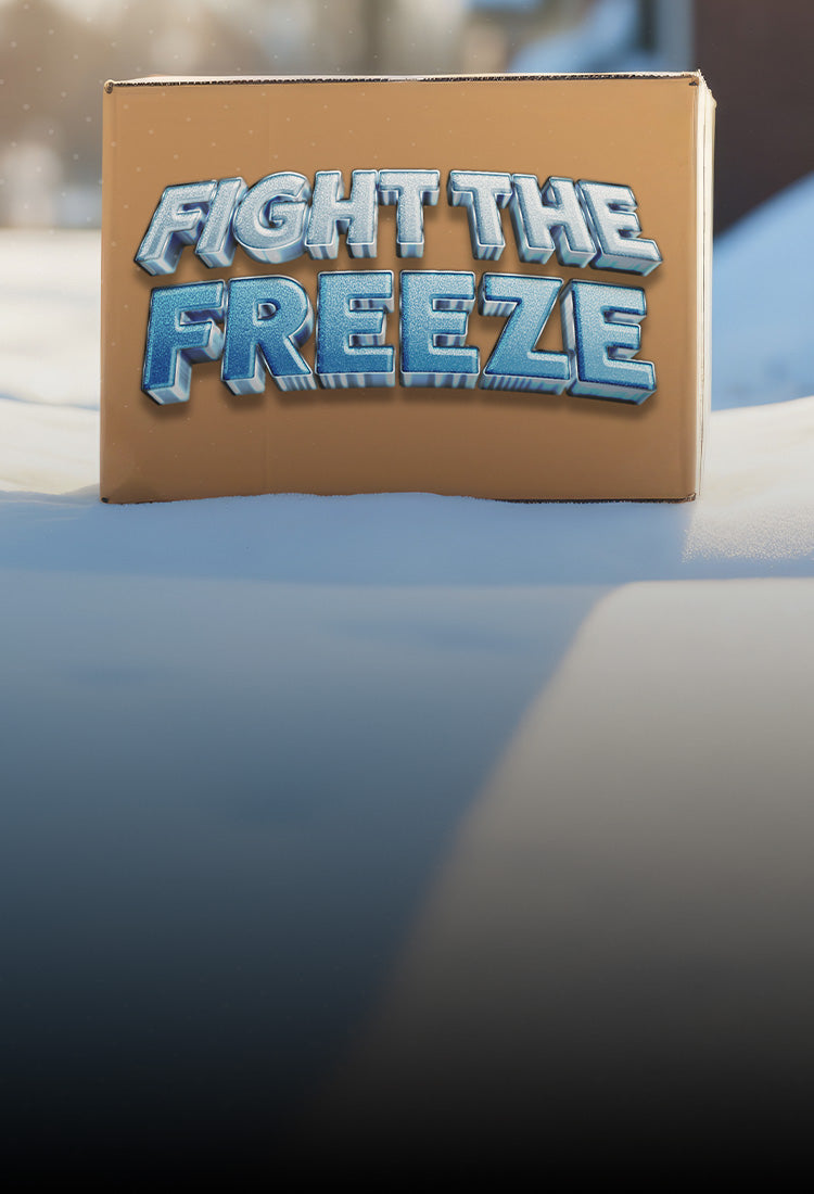 A cardboard box placed in the snow with the text 'FIGHT THE FREEZE' printed on it. The text is styled in icy blue with snow caps, while the background shows a snow-covered yard with some trees and bushes blurred in the distance. The sunlight casts a soft glow on the scene, emphasizing the cold winter atmosphere