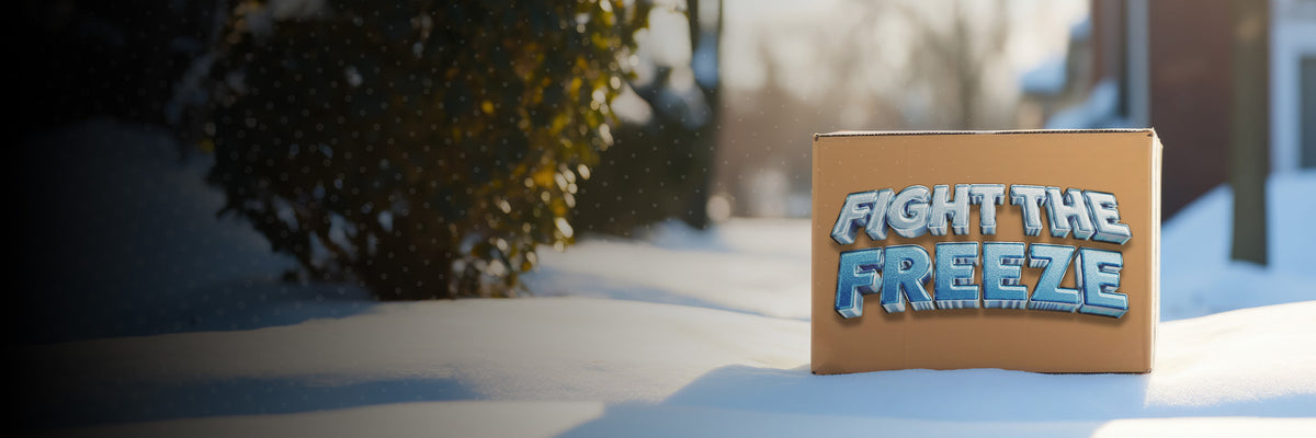 A cardboard box placed in the snow with the text 'FIGHT THE FREEZE' printed on it. The text is styled in icy blue with snow caps, while the background shows a snow-covered yard with some trees and bushes blurred in the distance. The sunlight casts a soft glow on the scene, emphasizing the cold winter atmosphere