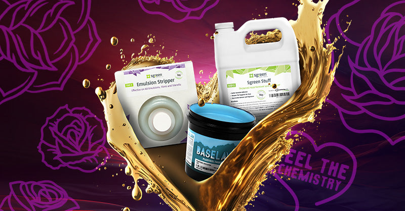 A dynamic product display featuring Sgreen eco-friendly screen printing chemicals, including Emulsion Stripper, Sgreen Stuff, and Baselayr Emulsion. The products are surrounded by a splash of golden liquid on a bold red and purple gradient background with abstract rose outlines. A heart-shaped graphic in the corner reads "Feel the Chemistry," emphasizing the innovative and sustainable approach of the products. The image has an energetic and artistic vibe.