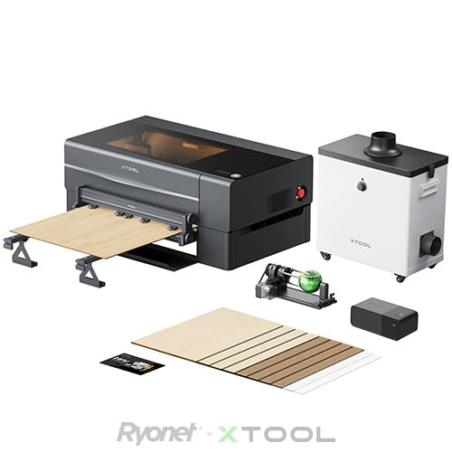 xTool P2 55W Desktop CO2 Laser Cutter Grey xTool P2+RA2 Pro+Automatic Conveyor Feeder(39")+Riser Base+Smoke Purifier | Screenprinting.com